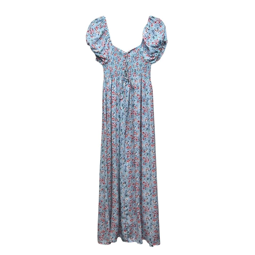 Pie In The Sky Smocked Lace Up Puff Sleeve Floral Maxi Dress M Cottage Prairie - Picture 7 of 15